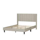 English Elm Queen Bed Frame/Velvet Upholstered Bed Frame With Vertical Channel Tufted Headboard Beige