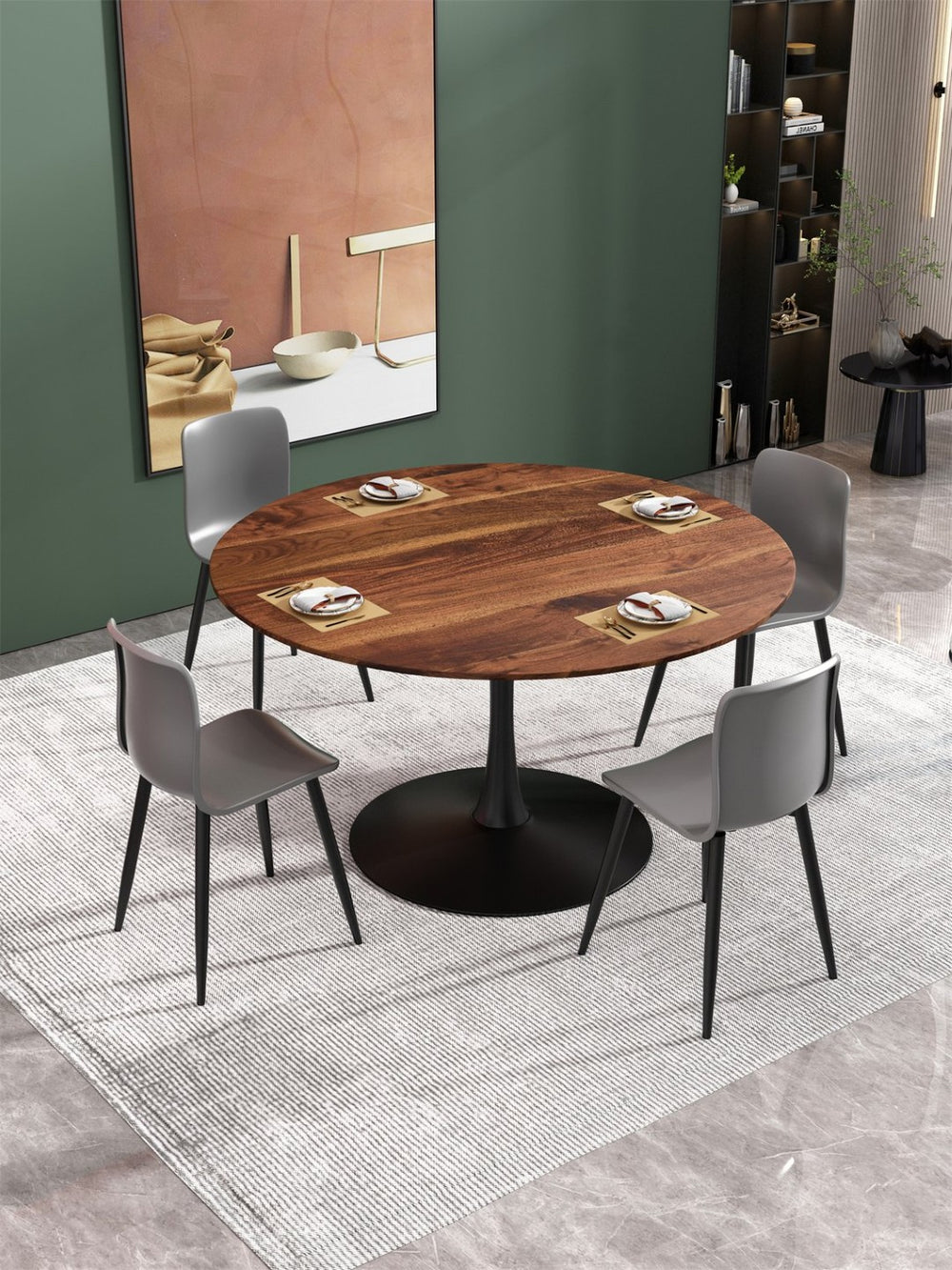 English Elm Tulip Round Pedestal Dining Table Marble Veneer Top Gold Base Mid-century Modern W370P190381