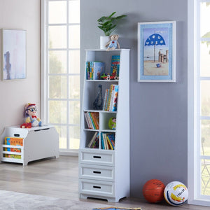 English Elm Kids White Mdf Bookcase with Hand Carved Detail Open Shelves and Drawers for Playroom B05367943