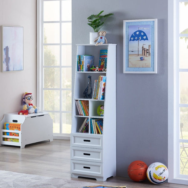 English Elm Kids White Mdf Bookcase with Hand Carved Detail Open Shelves and Drawers for Playroom B05367943
