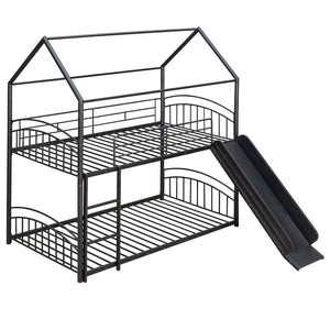English Elm Twin Over Kids House Bunk Bed with Slide Powder Coated Metal Frame Black MF313919AAB