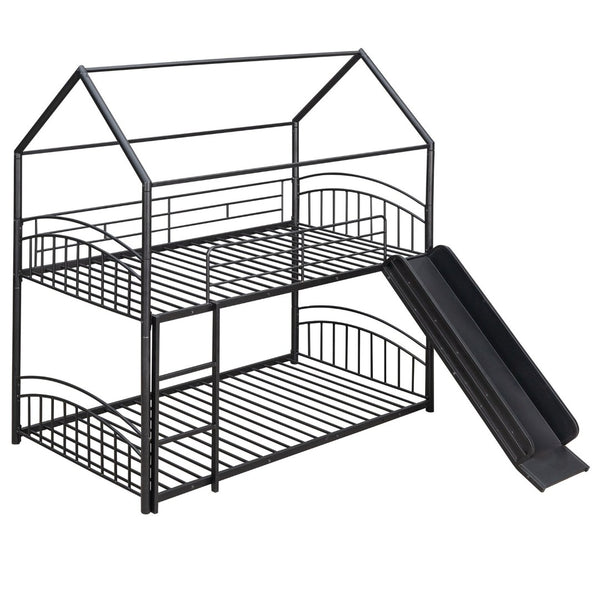 English Elm Twin Over Kids House Bunk Bed with Slide Powder Coated Metal Frame Black MF313919AAB