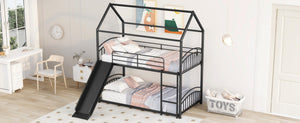 English Elm Twin Over Kids House Bunk Bed with Slide Powder Coated Metal Frame Black MF313919AAB