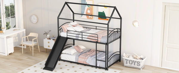 English Elm Twin Over Kids House Bunk Bed with Slide Powder Coated Metal Frame Black MF313919AAB