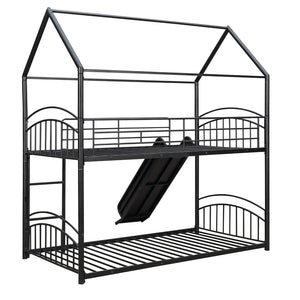 English Elm Twin Over Kids House Bunk Bed with Slide Powder Coated Metal Frame Black MF313919AAB