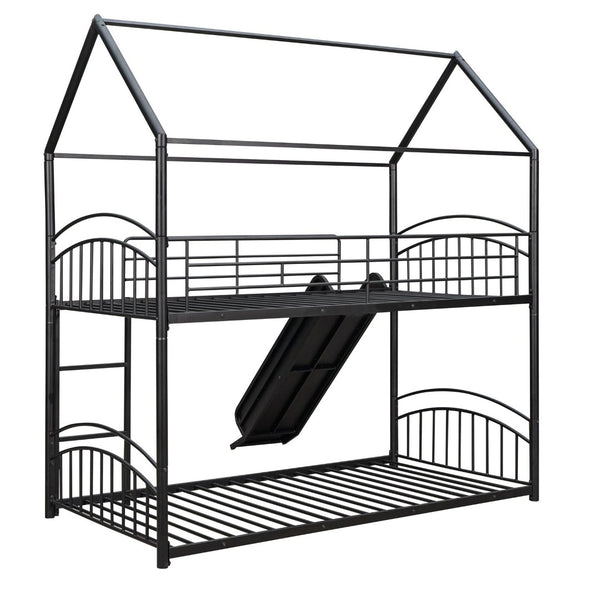 English Elm Twin Over Kids House Bunk Bed with Slide Powder Coated Metal Frame Black MF313919AAB