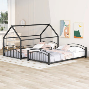 English Elm Twin Over Kids House Bunk Bed with Slide Powder Coated Metal Frame Black MF313919AAB