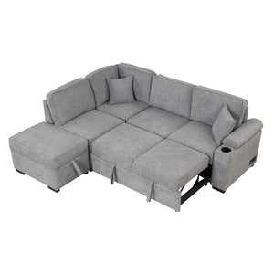 English Elm 84.75" Linen Sectional Sleeper Sofa with Storage Ottoman for Apartment Living SG000550AAE