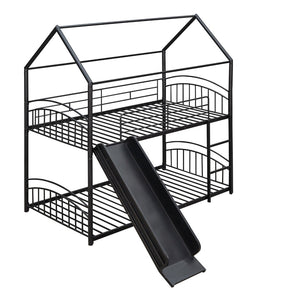 English Elm Twin Over Kids House Bunk Bed with Slide Powder Coated Metal Frame Black MF313919AAB