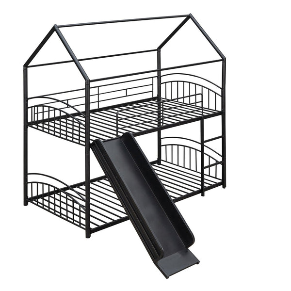 English Elm Twin Over Kids House Bunk Bed with Slide Powder Coated Metal Frame Black MF313919AAB