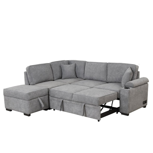English Elm 84.75" Linen Sectional Sleeper Sofa with Storage Ottoman for Apartment Living SG000550AAE