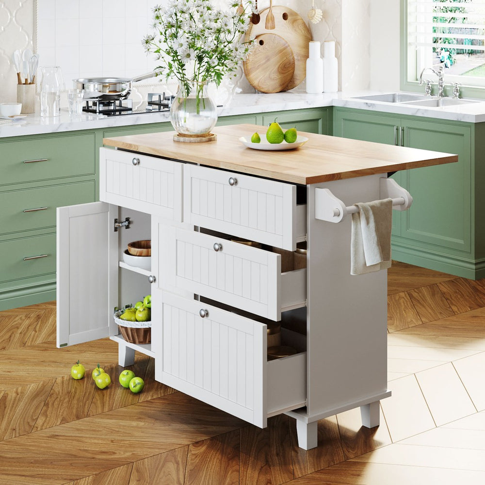 English Elm Topmax Farmhouse Kitchen Island with Drop Leaf Storage Drawers and Two Stools Included SH000234AAK