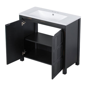 English Elm 36" Retro Espresso Bathroom Vanity Organizer with Sink — Solid Wood, Handcrafted Distressed Finish, Spacious Storage and Soft-Close Doors SV000004AAE-2