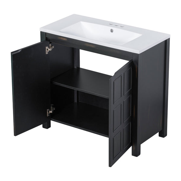 English Elm 36" Retro Espresso Bathroom Vanity Organizer with Sink — Solid Wood, Handcrafted Distressed Finish, Spacious Storage and Soft-Close Doors SV000004AAE-2