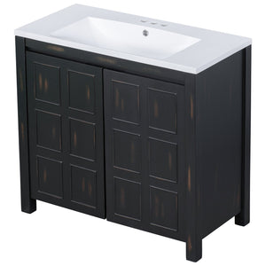 English Elm 36" Retro Espresso Bathroom Vanity Organizer with Sink — Solid Wood, Handcrafted Distressed Finish, Spacious Storage and Soft-Close Doors SV000004AAE-2