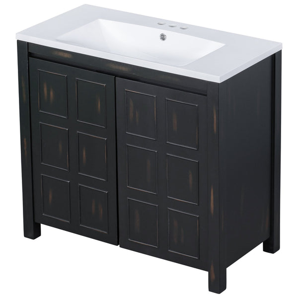 English Elm 36" Retro Espresso Bathroom Vanity Organizer with Sink — Solid Wood, Handcrafted Distressed Finish, Spacious Storage and Soft-Close Doors SV000004AAE-2