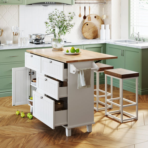 English Elm Topmax Farmhouse Kitchen Island with Drop Leaf Storage Drawers and Two Stools Included SH000234AAK