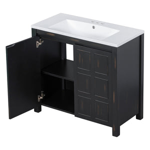 English Elm 36" Retro Espresso Bathroom Vanity Organizer with Sink — Solid Wood, Handcrafted Distressed Finish, Spacious Storage and Soft-Close Doors SV000004AAE-2