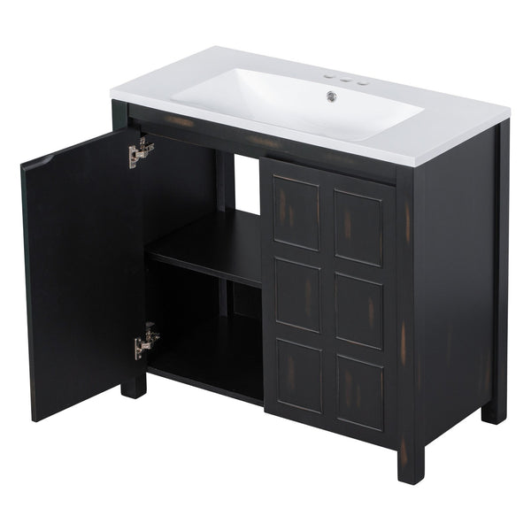 English Elm 36" Retro Espresso Bathroom Vanity Organizer with Sink — Solid Wood, Handcrafted Distressed Finish, Spacious Storage and Soft-Close Doors SV000004AAE-2