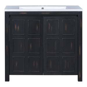 English Elm 36" Retro Espresso Bathroom Vanity Organizer with Sink — Solid Wood, Handcrafted Distressed Finish, Spacious Storage and Soft-Close Doors SV000004AAE-2
