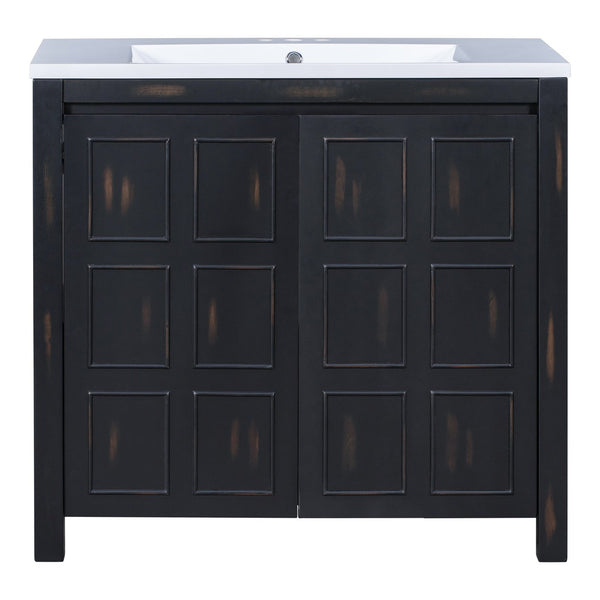English Elm 36" Retro Espresso Bathroom Vanity Organizer with Sink — Solid Wood, Handcrafted Distressed Finish, Spacious Storage and Soft-Close Doors SV000004AAE-2