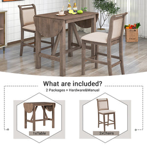 English Elm TOPMAX 3-Piece Wood Counter Height Drop Leaf Dining Set with Upholstered Chairs and Space-Saving Design Brown SP000259AAD