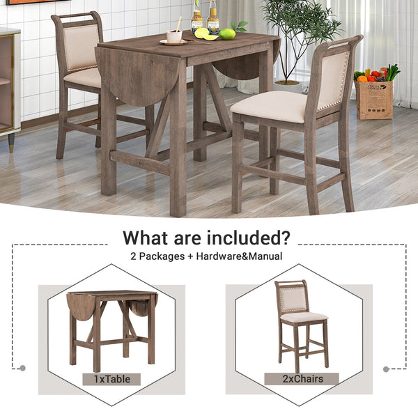 English Elm TOPMAX 3-Piece Wood Counter Height Drop Leaf Dining Set with Upholstered Chairs and Space-Saving Design Brown SP000259AAD