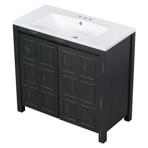 English Elm 36" Retro Espresso Bathroom Vanity Organizer with Sink — Solid Wood, Handcrafted Distressed Finish, Spacious Storage and Soft-Close Doors SV000004AAE-2