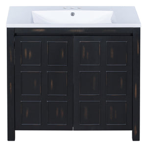 English Elm 36" Retro Espresso Bathroom Vanity Organizer with Sink — Solid Wood, Handcrafted Distressed Finish, Spacious Storage and Soft-Close Doors SV000004AAE-2
