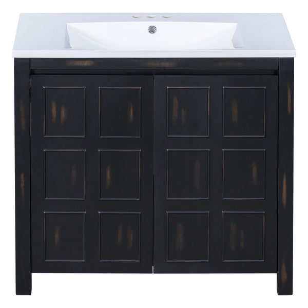 English Elm 36" Retro Espresso Bathroom Vanity Organizer with Sink — Solid Wood, Handcrafted Distressed Finish, Spacious Storage and Soft-Close Doors SV000004AAE-2