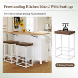 Hearth and Haven Sydney Farmhouse Kitchen Island Set with Drop Leaf and 2 Backless Stools, White and Rustic Brown