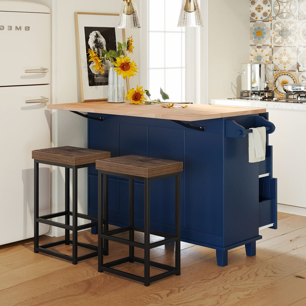 English Elm Topmax Farmhouse Kitchen Island with Drop Leaf Four Drawers Cabinet and Two Stools SH000234AAC