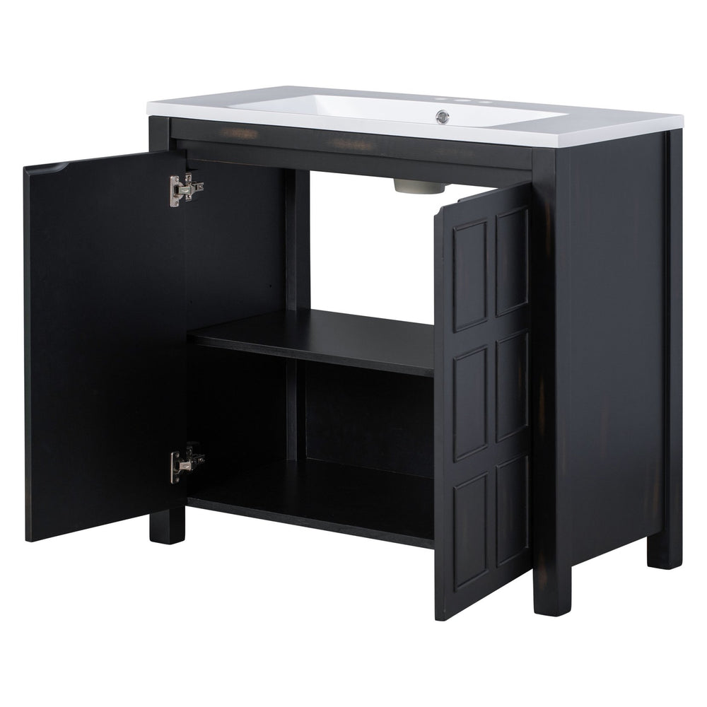 English Elm 36" Retro Espresso Bathroom Vanity Organizer with Sink — Solid Wood, Handcrafted Distressed Finish, Spacious Storage and Soft-Close Doors SV000004AAE-2