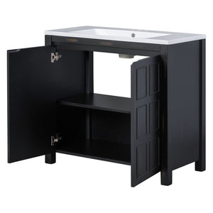 English Elm 36" Retro Espresso Bathroom Vanity Organizer with Sink — Solid Wood, Handcrafted Distressed Finish, Spacious Storage and Soft-Close Doors SV000004AAE-2