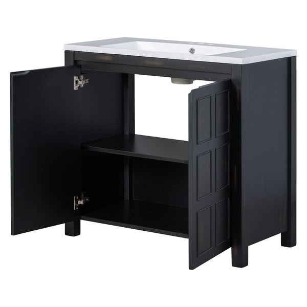 English Elm 36" Retro Espresso Bathroom Vanity Organizer with Sink — Solid Wood, Handcrafted Distressed Finish, Spacious Storage and Soft-Close Doors SV000004AAE-2