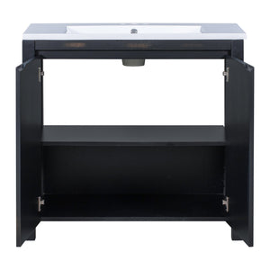 English Elm 36" Retro Espresso Bathroom Vanity Organizer with Sink — Solid Wood, Handcrafted Distressed Finish, Spacious Storage and Soft-Close Doors SV000004AAE-2