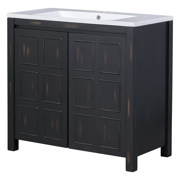 English Elm 36" Retro Espresso Bathroom Vanity Organizer with Sink — Solid Wood, Handcrafted Distressed Finish, Spacious Storage and Soft-Close Doors SV000004AAE-2