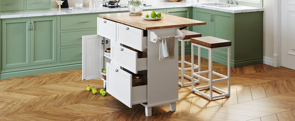 English Elm Topmax Farmhouse Kitchen Island with Drop Leaf Storage Drawers and Two Stools Included SH000234AAK