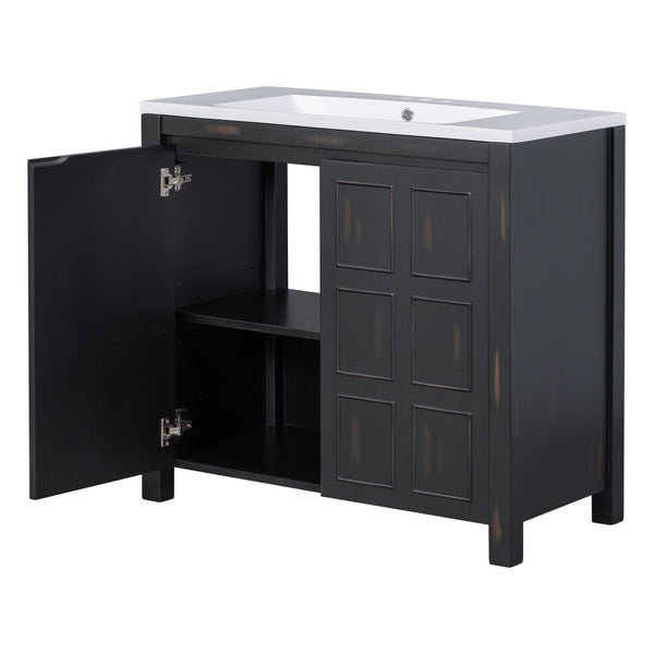 English Elm 36" Retro Espresso Bathroom Vanity Organizer with Sink — Solid Wood, Handcrafted Distressed Finish, Spacious Storage and Soft-Close Doors SV000004AAE-2
