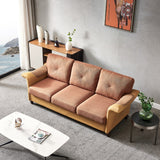 Red Brown Sofa with Faux Leather & Fabric Upholstery, Wood Legs - Unique Design, Sturdy Structure - 800lbs Weight Capacity