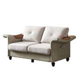 English Elm Living Room General Use Linen Fabric Faux Leather With Wood Leg Love Seat (Beige)