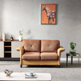 Linen & Faux Leather Love Seat with Wood Legs, Red Brown