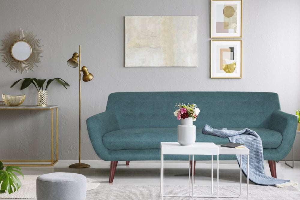 English Elm Brenna Compact Teal Fabric Sofa Geometric Silhouette for Modern Apartment Living Rooms B05467991