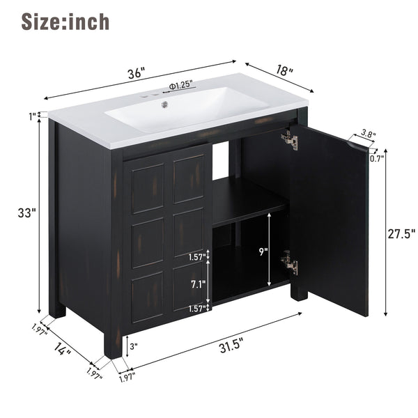 English Elm 36" Retro Espresso Bathroom Vanity Organizer with Sink — Solid Wood, Handcrafted Distressed Finish, Spacious Storage and Soft-Close Doors SV000004AAE-2