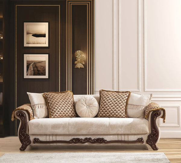 English Elm Traditional 2-Piece Living Room Set In Beige Chenille - Convertible Sofa & Loveseat With Storage B009S00952-GIGA