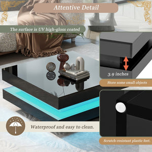 English Elm On-trend Two Tier Square Coffee Table with Led Underlighting High Gloss Modern Living Room Black WF295997AAB
