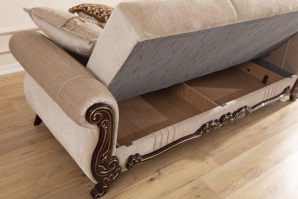English Elm Traditional Chenille Sofa Bed With Elegant Carved Wood, Hidden Storage & Plush Comfort In Beige B009S00972-GIGA