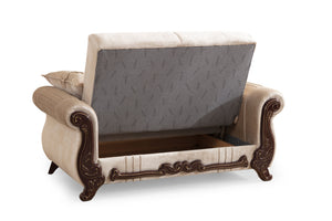 English Elm Traditional Carmen Loveseat Chenille Upholstery in Beige with Hidden Storage, Pull-Out Bed, Carved Wood Frame, Plush Cushions B009S00973