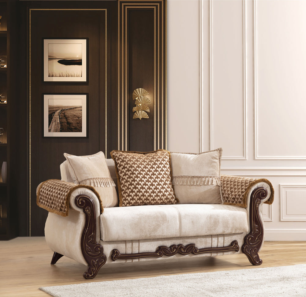 English Elm Traditional Carmen Loveseat Chenille Upholstery in Beige with Hidden Storage, Pull-Out Bed, Carved Wood Frame, Plush Cushions B009S00973