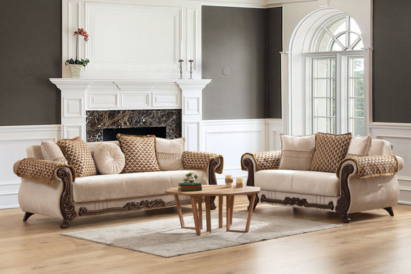 English Elm Traditional Carmen Loveseat Chenille Upholstery in Beige with Hidden Storage, Pull-Out Bed, Carved Wood Frame, Plush Cushions B009S00973